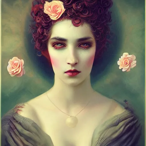 Image similar to tom bagshaw, soft painting of a curiosities carnival, beautiful young aristocrat blessing flowers in full dress, perfectly detailed, symmetrical intricate sensual features, highly detailed, artstation, sharp focus