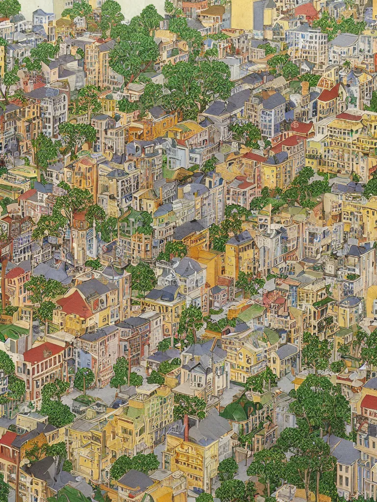 Image similar to an elaborate and dense painting of a peaceful neighborhood, detailed, made of alcohol ink on parchment and penned illustrations, by wes anderson and geoff darrow