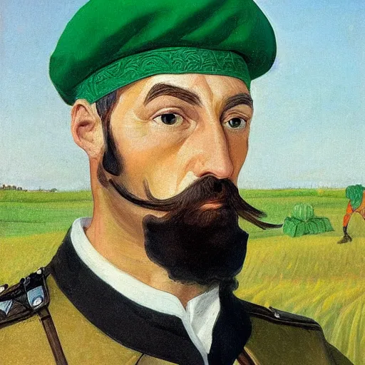 Image similar to soldier of slavic appearance with a white beard, white mustache, white hair in a green cap, green camouflage, in black trousers against a blue sky and wheat fields in the style of andrei riabovitchev, realism, portrait