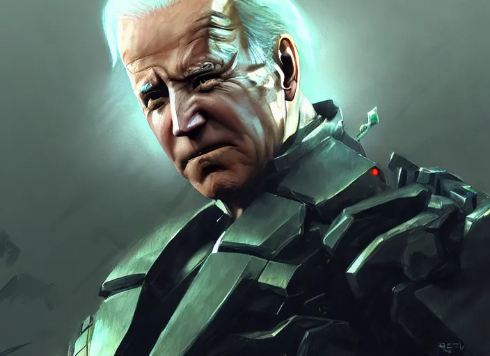 Image similar to joe biden from metal gear rising revengeance by greg rutkowski