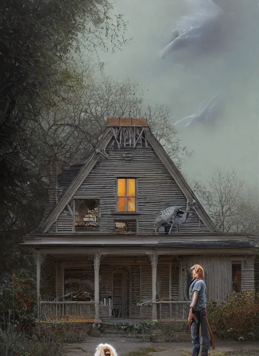 Image similar to highly detailed hyperrealistic painting of a blonde long - haired hillbilly in front of old style house, with his fluffy black and gray australian shepherd, stephen bliss, art by greg rutkowski, loish, rhads, ferdinand knab, makoto shinkai and lois van baarle, tom bagshaw, global illumination, artstation