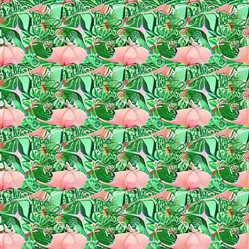 Image similar to repeating fabric pattern, minimalistic, miniature tiny peach color flowers, green vines and leaves, in the style of Bonnie Christine
