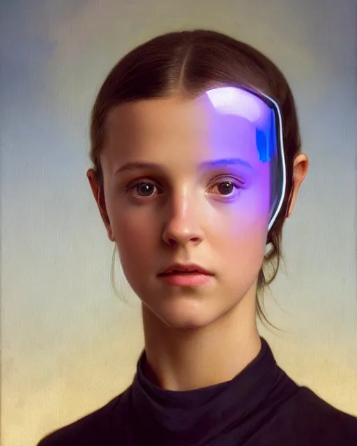 Image similar to a portrait painting of a shy, blushing 1 6 - year old alicia vikander or millie bobby brown, backlit, wearing a futuristic translucent iridescent plastic space suit with a space helmet, elegant, highly detailed, artstation, concept art, by krenz cushart and donato giancola and william adolph bouguereau and alphonse mucha