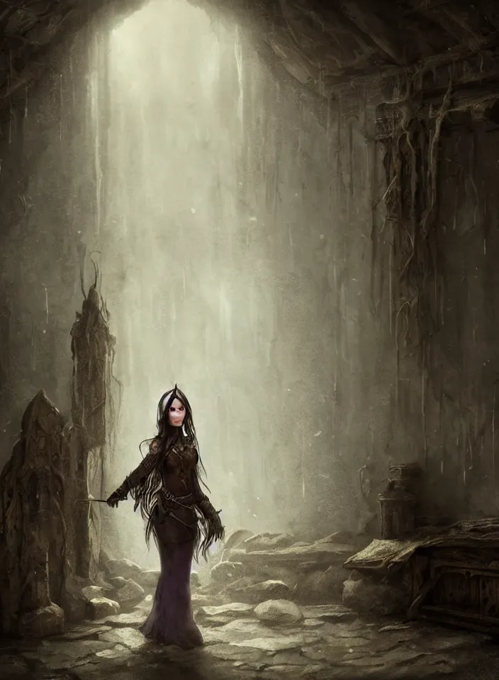 Image similar to a closeup portrait of an elven sorceress exploring an abandoned house from skyrim, fantasy setting, cold environment, serene colors, soft lighting, atmospheric, cinematic, moody, in the style of diego koi, gina heyer, luiz escanuela, art by alyssa monk, depth, hyperrealism, rule of thirds, golden ratio, oil on canvas, 8 k