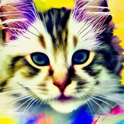 Image similar to a cream - colored maine coon kitten, digital art, by david schluss, colorful, gestural painting, abstract expressionists, jackson pollock, willem de kooning. energy influenced by both nature and music