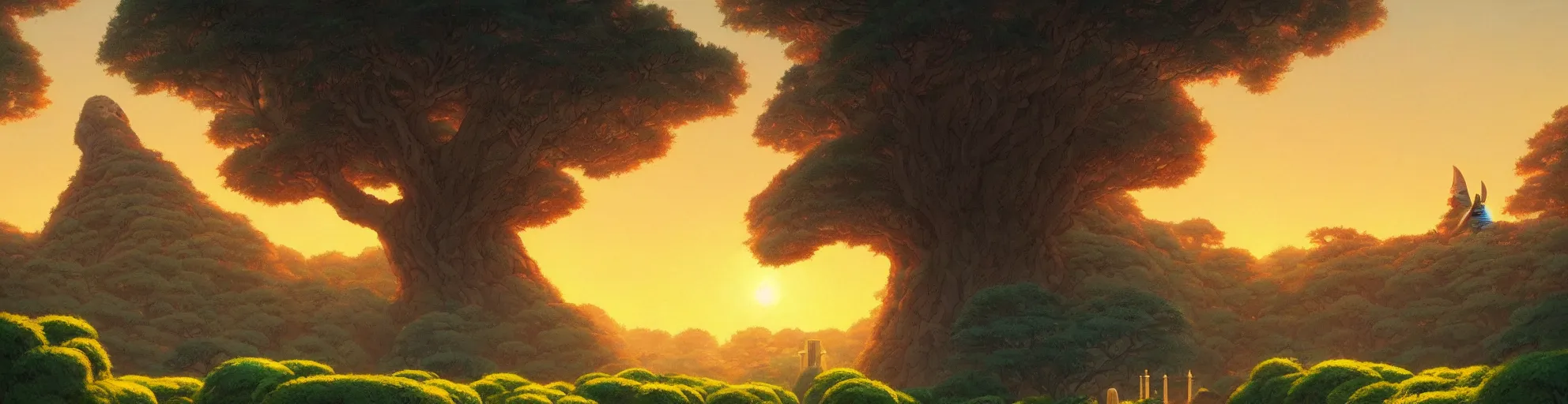 Prompt: A landscape of hedge maze and sphinx, Studio Ghibli, backlight dramatic sunset in the sky, animated, anime, illustrated, vibrant, by Greg Rutkowski, dungeons and dragons on artstation