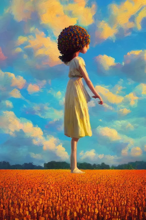 Image similar to giant corn flower head, girl walking in a flower field, surreal photography, sunrise, dramatic light, impressionist painting, colorful clouds, digital painting, artstation, simon stalenhag