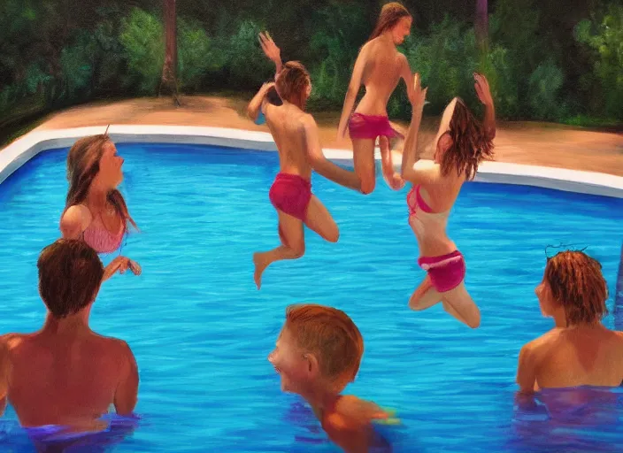 Image similar to photorealistic painting of a group of teens in the moment of jumping into a pool, digital art, subtle painting, subtle hues, some edges lost