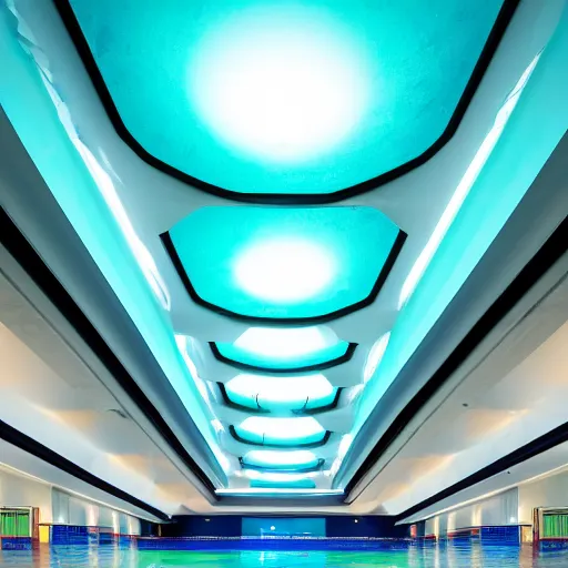 Image similar to liminal space, abandoned aqua park, ceiling light, water, high detailed, photorealistic 4k - H 768