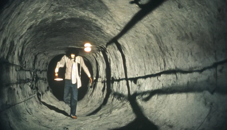 Image similar to 1 9 7 0 s movie still of a man in a barque in a bloodytunnel, cinestill 8 0 0 t