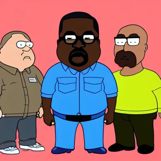 Prompt: Walter White, kanye west and Peter griffin in the style of Family Guy, cartoon