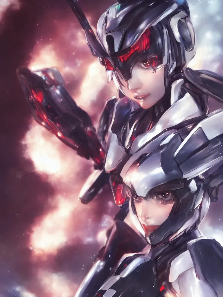 Prompt: A realistic anime portrait of a woman in a Gundam suit with glowing black, digital painting, by Stanley Artgerm Lau, Sakimichan, WLOP and Rossdraws, digtial painting, trending on ArtStation, SFW version