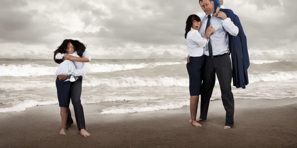 Prompt: strong man in a shirt and a tie sitting on windy cold beach, holds his mother on his arms