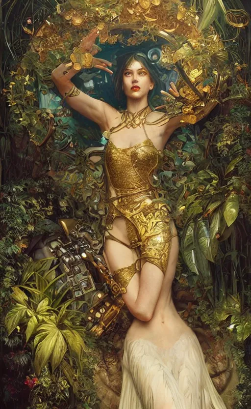 Image similar to hyper realistic time machine, cyberpunk, design on white background, beautiful details, lush foliage cyberpunk, gold, drawn by john singer sargent, tom bagshaw, norman rockwell, alphonso mucha, lolish, trending on artstation