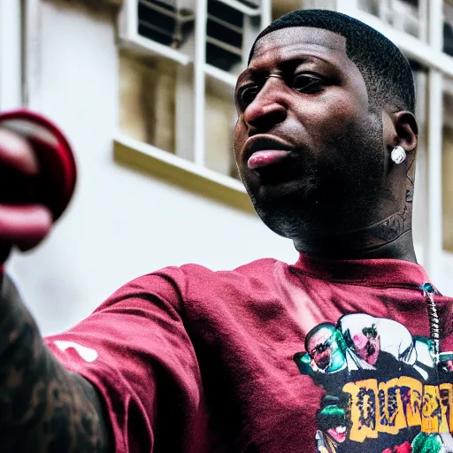 Prompt: angry gucci mane shooting and terrorizing people in the hood, 8k resolution, full HD, cinematic lighting, award winning, anatomically correct