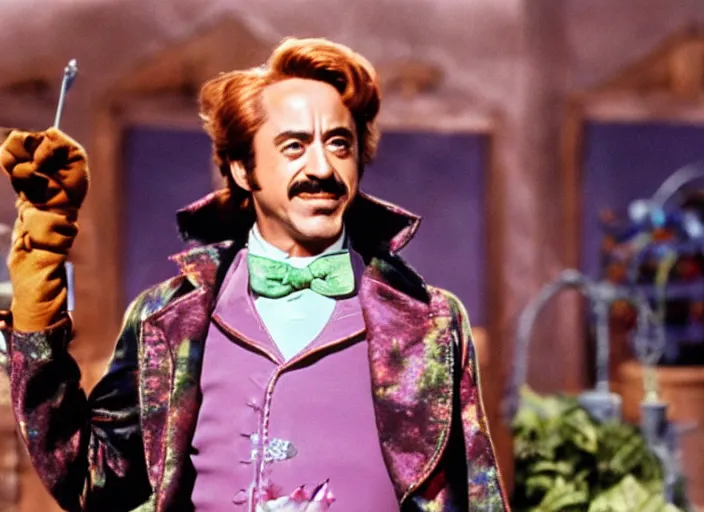 Prompt: film still of Robert Downey Jr as Willy Wonka in Willy Wonka and the Chocolate Factory 1971