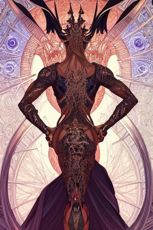 Image similar to symmetry!! intense fanart of back pose of witchblade as acotar protagonist, traditional queen dress, intricate, hyper detailed background, elegant, highly detailed, my rendition, digital painting, artstation, concept art, smooth, sharp focus, illustration, art by artgerm, greg rutkowski and alphonse mucha, by hajime sorayama and boris vallejo