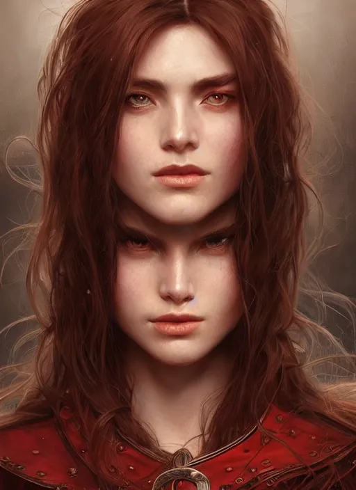 Image similar to vertical portrait of a ruggedly handsome female cleric, soft hair, close - up face, leather, witchy, d & d, fantasy, intricate, elegant, highly detailed, digital painting, artstation, concept art, smooth, sharp focus, illustration, art by artgerm and greg rutkowski and alphonse mucha, plain red background