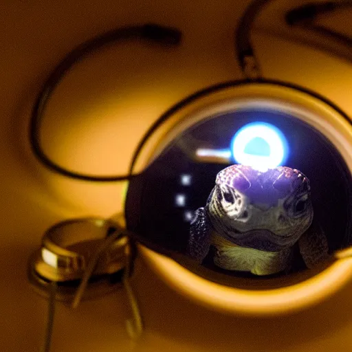 Prompt: doctor using a stethoscope to examine a tortoise under bright operating room lights, closeup, wide angle, backlit