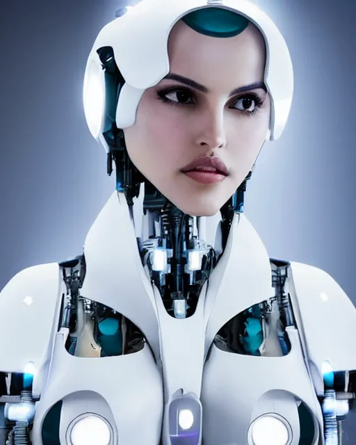 Prompt: centered portrait of soulful eiza gonzalez as a solarpunk mecha humanoid robotic parts with bright led lights, real human face, pudica gesture bouguereau style, in white room, ultra - realistic and intricate, soft portrait shot 8 k