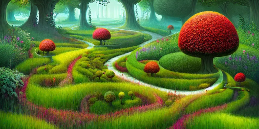 Image similar to Beautiful artwork garden of the future, overgrown with fir trees and plants, hedges, Topiary plants, Nice colour scheme, warm colour. Beautiful artistic digital artwork by artist Lurid. (2022), Gediminas Pranckevicius