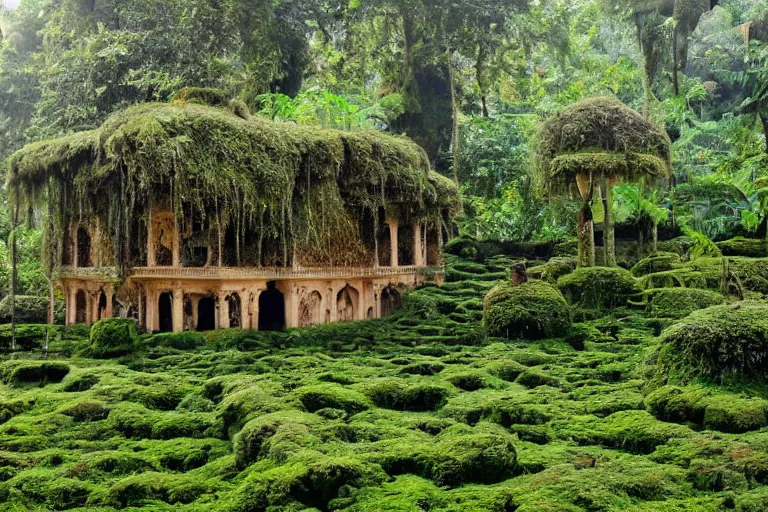 Image similar to varsai palace covered with moss inside a jungle