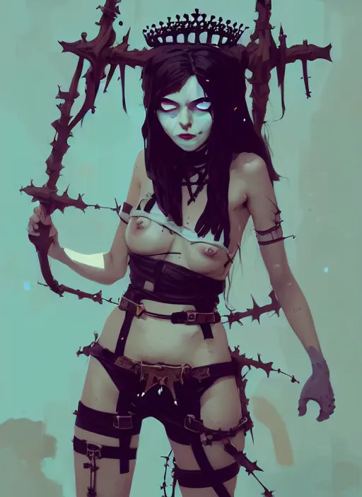 Prompt: portrait of cute goth maiden girl with crown of thorns, dressed in belts bikini, warhammer, cyberpunk, by atey ghailan, by greg rutkowski, by greg tocchini, by james gilleard, by joe gb fenton, by kaethe butcher, dynamic lighting, gradient light blue, brown, blonde cream and white color in scheme, grunge aesthetic
