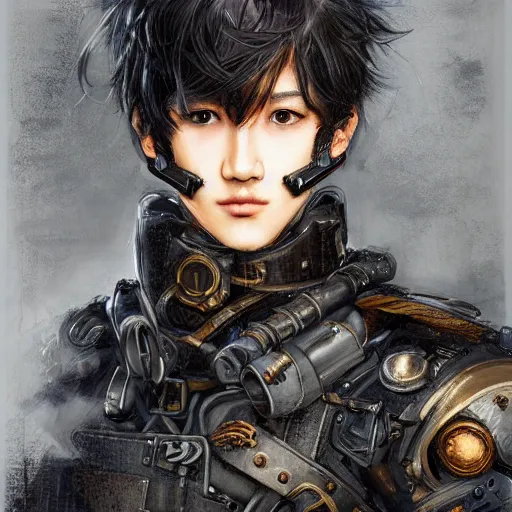 Prompt: portrait of a man by ayami kojima, japanese, he is about 2 0 years old, black short hair with bangs, he is wearing a steampunk tactical gear, highly detailed portrait, digital painting, artstation, concept art, smooth, sharp foccus ilustration, artstation hq