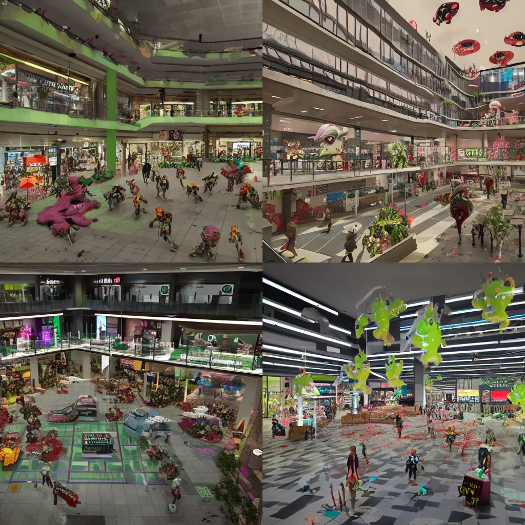 Prompt: shopping mall overrun by zombies, style of Splatoon, octane render