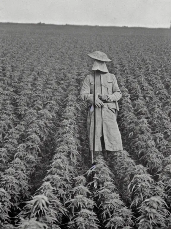 Prompt: grim reaper with no face in cannabis field, ww1 photo, grainy, high detail, high resolution,