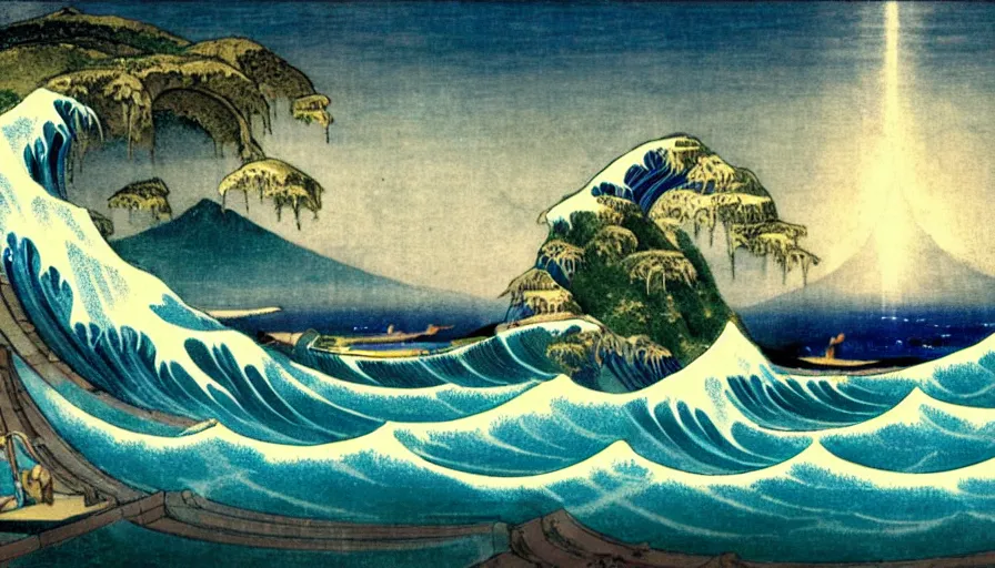 Image similar to A pool inside the giant Palace, mediterranean balustrade and columns, refracted lines and sparkles, thunderstorm, greek pool, beach and Tropical vegetation on the background major arcana sky and occult symbols, waves in the style of the great wave off kanagawa, by paul delaroche, hyperrealistic 4k uhd, award-winning, very detailed paradise