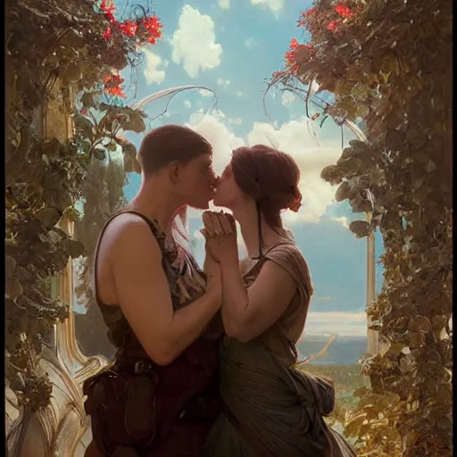 Prompt: portrait painting of couple kissing, ultra realistic, concept art, intricate details, eerie, highly detailed, photorealistic, octane render, 8 k, unreal engine. art by artgerm and greg rutkowski and alphonse mucha