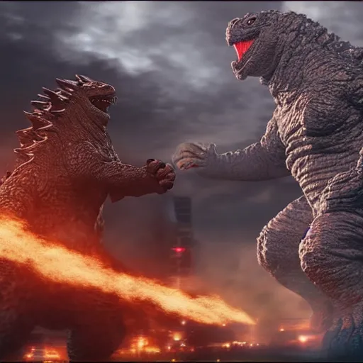 Prompt: giant white man fighting Godzilla in the city, 4k