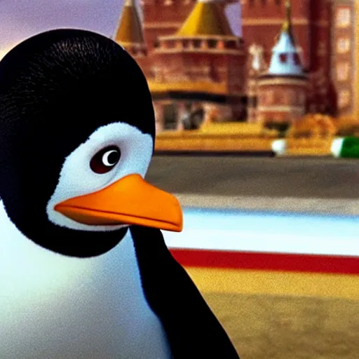 Image similar to film still of a pixar film of a communist penguin escaping russia