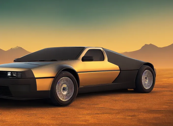 Image similar to wide view shot of a new car for 2 0 3 2 with offroad tires installed. style by petros afshar, christopher balaskas, goro fujita, and rolf armstrong. car design by delorean alpha and volvo.