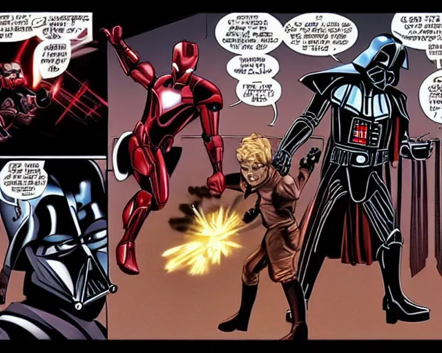 Image similar to a duel between iron man and darth vader