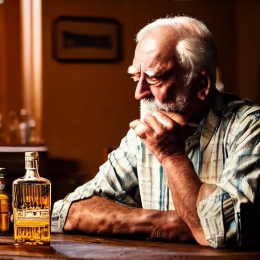 Prompt: an old man sitting on the table at the bar, whisky bottle on the table, looking sad and lonely