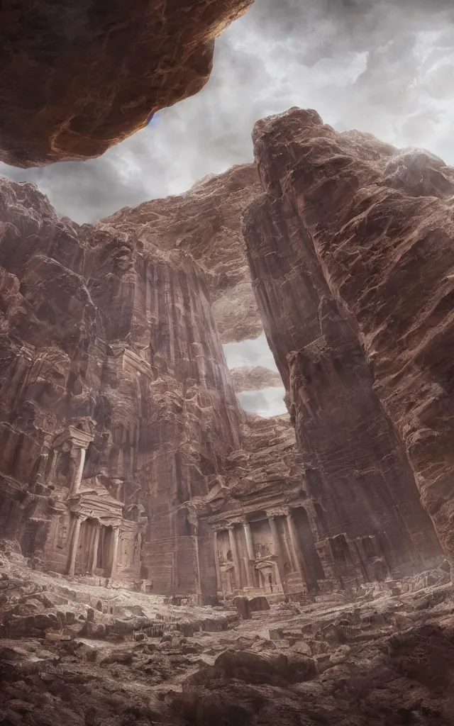 Prompt: A beautiful low angle matte painting looking up at the lost palace of petra with white flames illuminating the ruins of forgotten souls, atmospheric, low angle, mysterious, cinematic, intricate, ultra detailed, featured on artstation