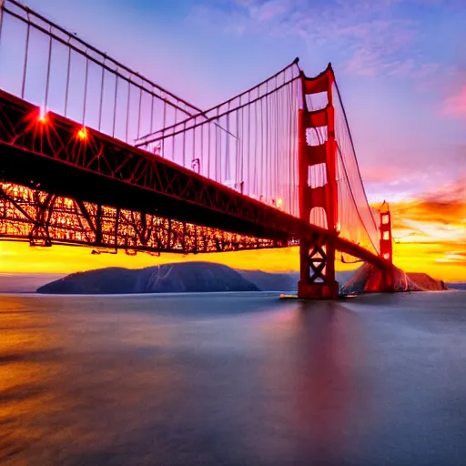 Prompt: golden gate bridge, sunset, dragon flying above