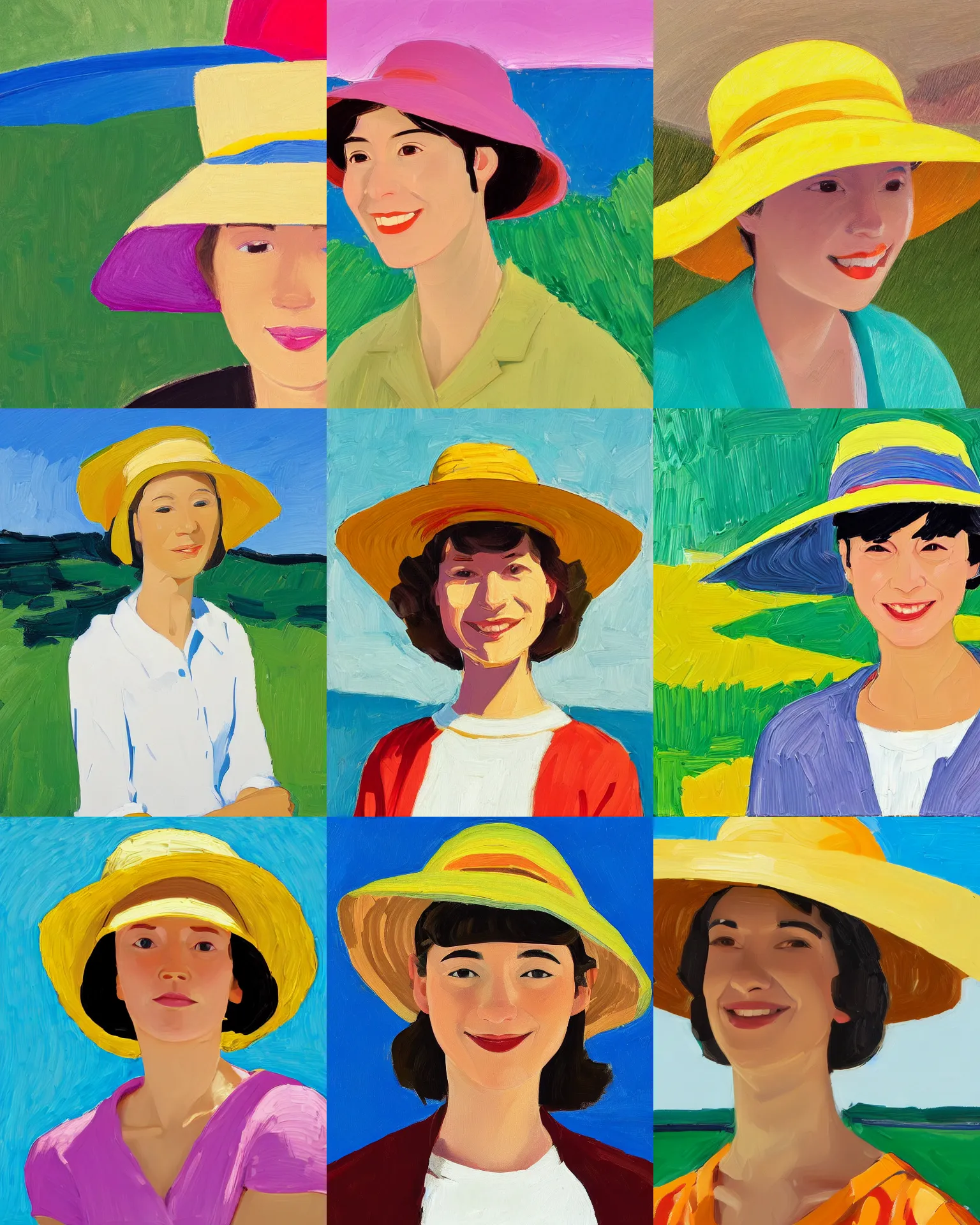 Image similar to portrait of a smiling young woman with sun hat, short hair, light background, colorful, peaceful, by alex katz, close up