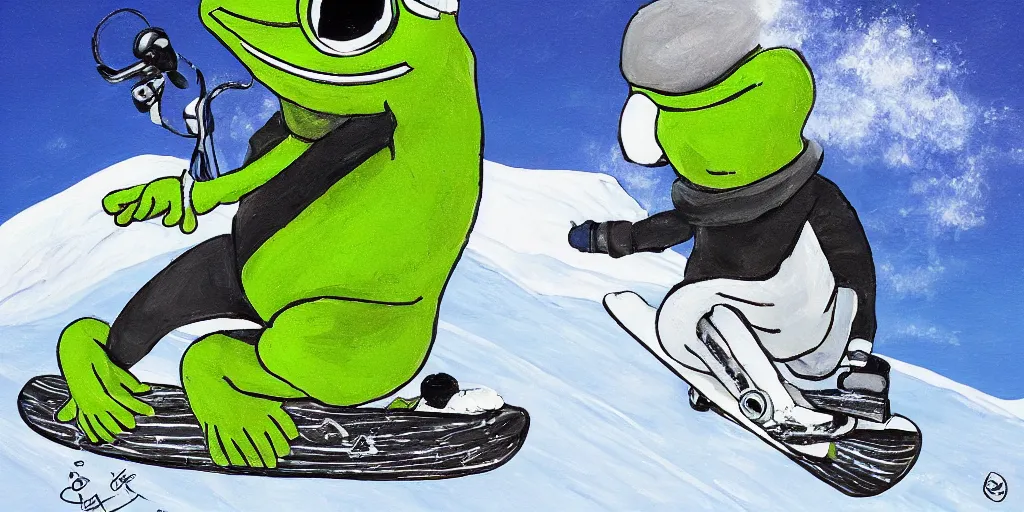 Image similar to pepe the frog snowboarding painted by gustaf cederstrom