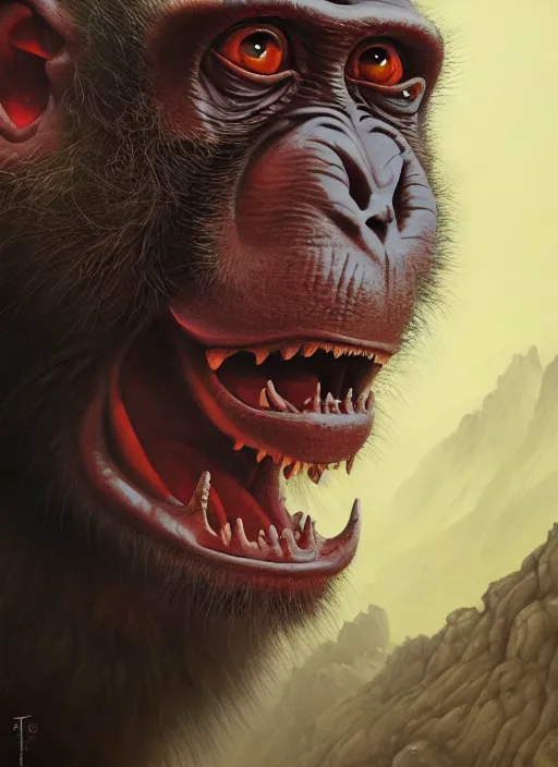 Prompt: close up portrait of a monkey monster in the mountains of hell, oil painting by tomasz jedruszek, cinematic lighting, pen and ink, intricate line, hd, 4 k, million of likes, trending on artstation