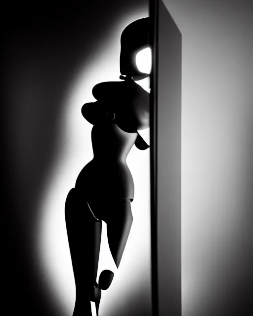 Prompt: black and white high quality photo of a female AI-cyborg-doll looking into a sci-fi mirror, volumetric lighting, hyperdetailed, masterpiece, elegant, dark, in the style of Man Ray,