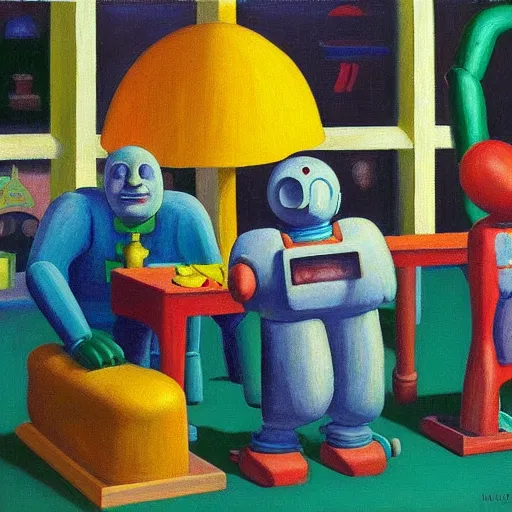 Image similar to happy robots eating play - doh noodles from a play - doh nozzle, grant wood, pj crook, edward hopper, oil on canvas