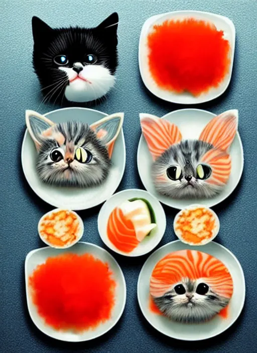 Image similar to clear photorealistic picture of adorable cats made out of sushi