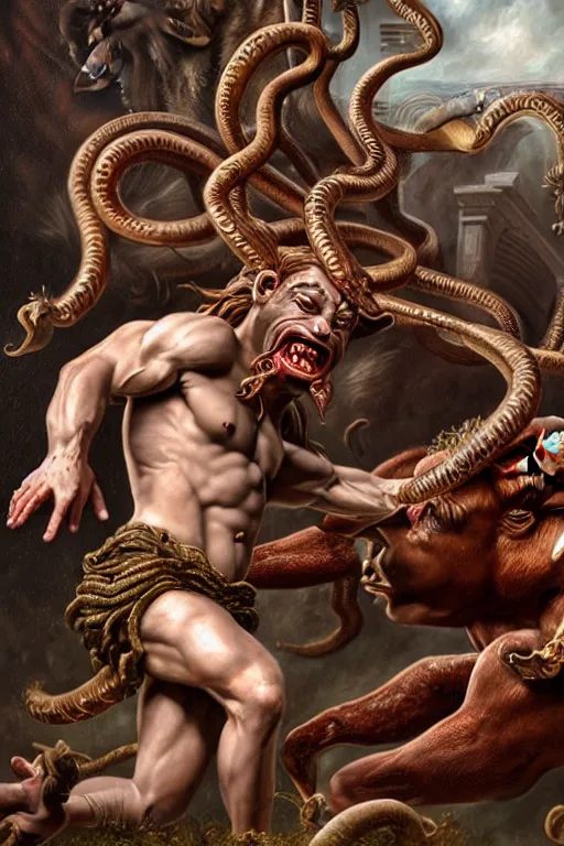 Image similar to minotaur vs medusa gorgon, realistic, detailed, highly detailed, hyper detailed, high definition, extremely detailed oil painting, beautiful composition, trending on artstation, award - winning photograph, masterpiece, intricate, portrait, 8 k highly professionally detailed, hdr, cgsociety