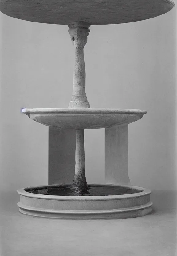 Image similar to a historical archive of fountain ( fontaine ) readymade by marcel duchamp, archival pigment print, 1 9 2 0, conceptual art, white, grey, gray, underexposed grey, hues of subtle grey, ready - made, studio shoot, studio lighting