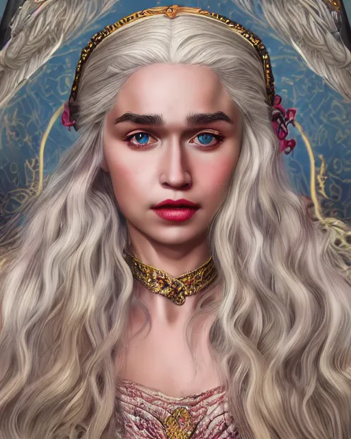 Image similar to closeup portrait happy beautiful daenerys targaryen with long blonde windblown hair in an ornate royal dress, standing on a street in chinatown, pink lipstick, glamour pose, detailed illustration, digital art, trending on artstation, arney freytag