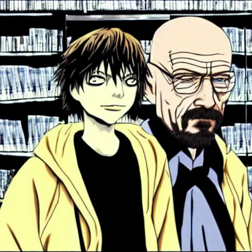 Image similar to Walter white from Breaking Bad speaking with Ryuk from death note, anime