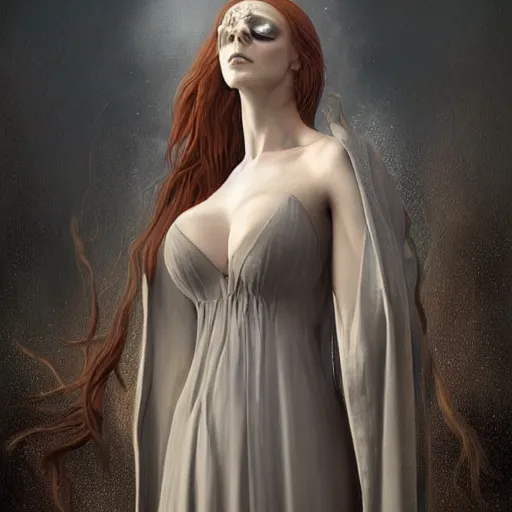 Prompt: ultra realist soft painting portrait of a single gothic mage in a full long curvy slim dress in Demon Souls, thin long auburn hair, symmetry accurate features, very intricate details, volumetric lighting, by Tom Bagshaw Boris Vallejo